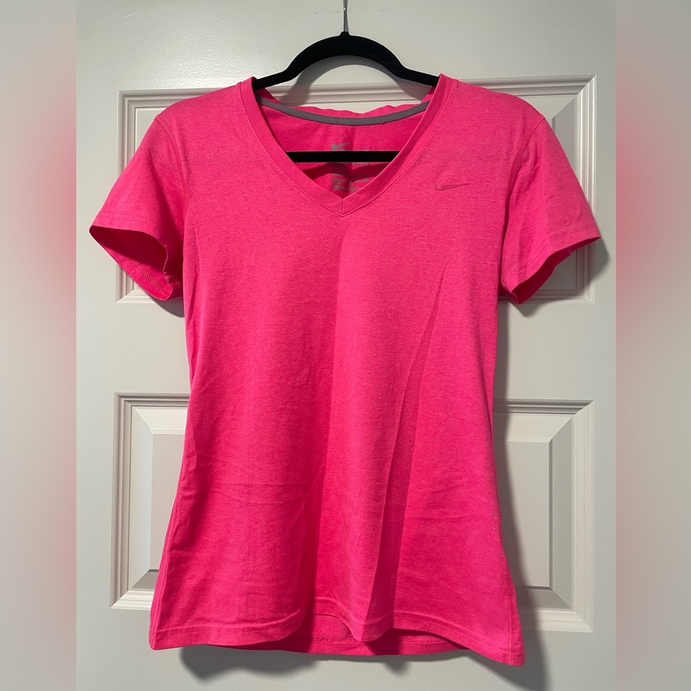 Nike Women's Hot Pink Dri-Fit V-Neck Workout Short Sleeve Tee